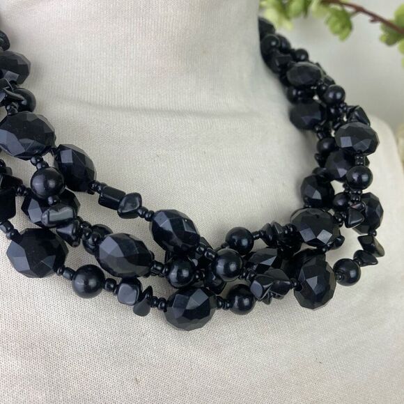 Black Faceted Bead Statement Necklace | 4 strand - Picture 2 of 5